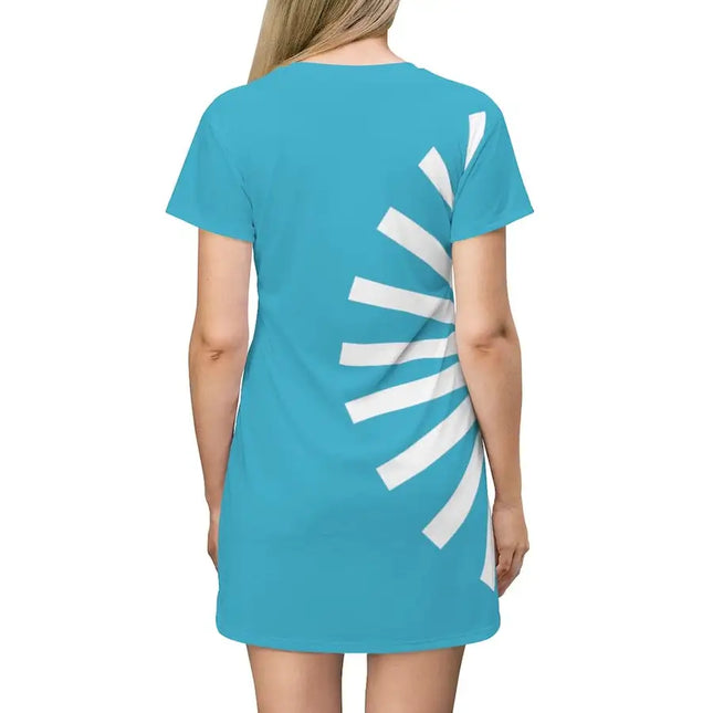 Uniquely You Womens T-Shirt Dress / Side Curve Fan Grid White - Sea Blue