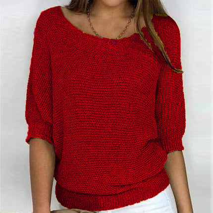 Women's round neck three-quarter sleeve knitted sweater