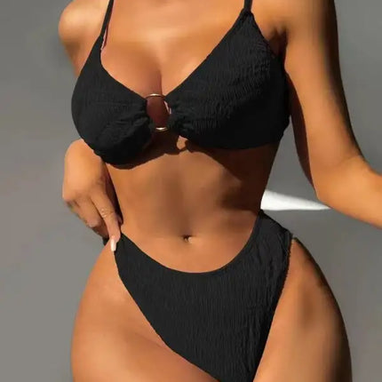 Top de bikini con aro en O de color liso para mujer con conjunto de braguita a juego 