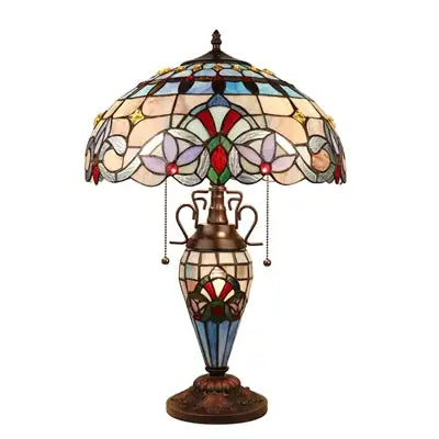 Grenville Victorian design 3 light Tiffany-style double lit table lamp