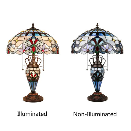 Grenville Victorian design 3 light Tiffany-style double lit table lamp