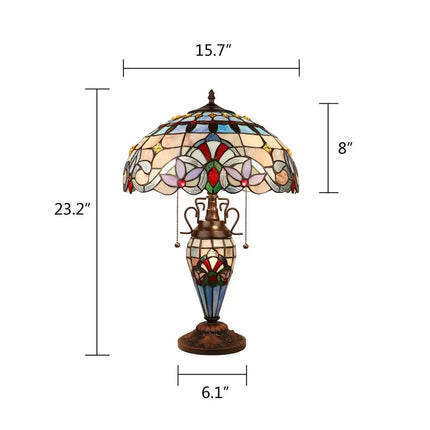 Grenville Victorian design 3 light Tiffany-style double lit table lamp