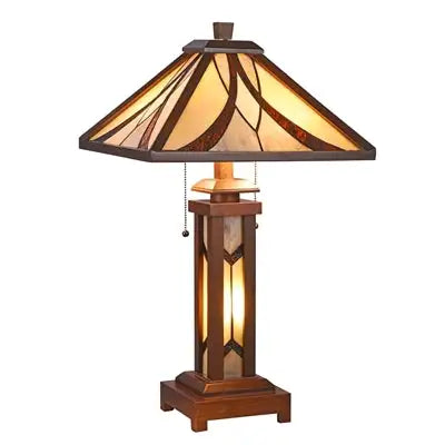 "GORDON" Tiffany-style Mission 3 Light Double Lit Wooden Table Lamp